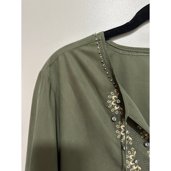 NWT Chico's Embellished Peasant Blouse Women's 2 12/14 Long Sleeve Olive Green - Picture 5 of 8
